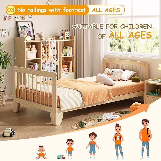 EXPERLAM Montessori Toddler Bed, Variable Twin Floor Bed Frame with Removable Guardrails and Legs, Low Wooden Kids Bed with 10 Slats and Supporting keel, Crib-to-Bed Transition for Bedroom or Nursery