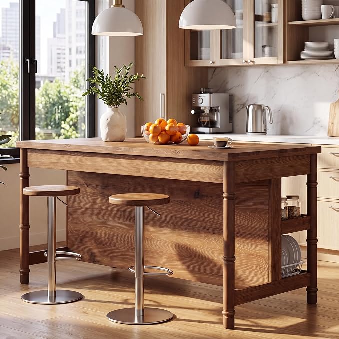 63" Solid Wood Kitchen Island Table with Storage & Seating