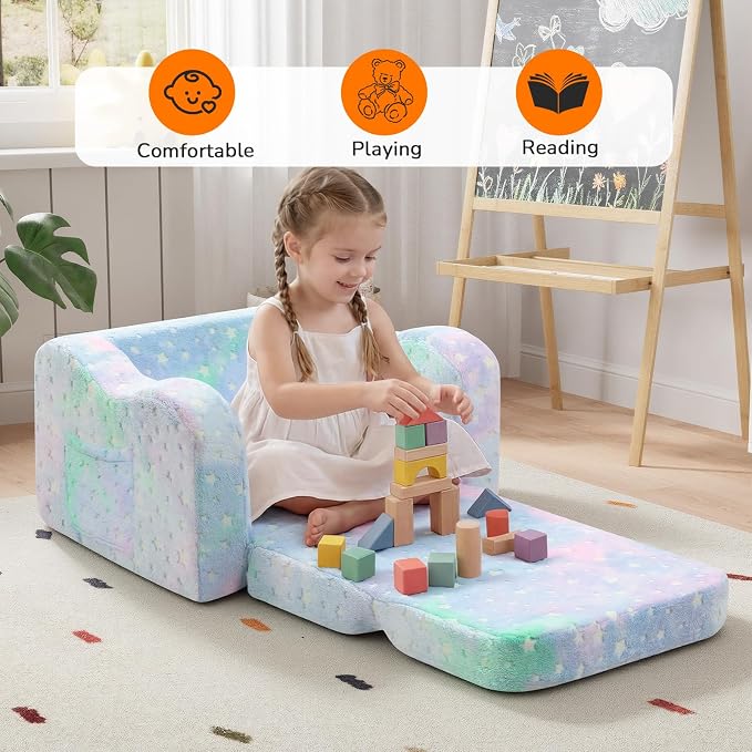 MeMoreCool Kids Couch, Glow Dark Rainbow Star Fold Out Sofa, Pastel Tie Dye