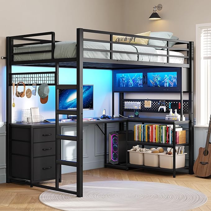 ADORNEVE Twin Size Loft Bed with Gaming Desk, RGB Hutch, Black