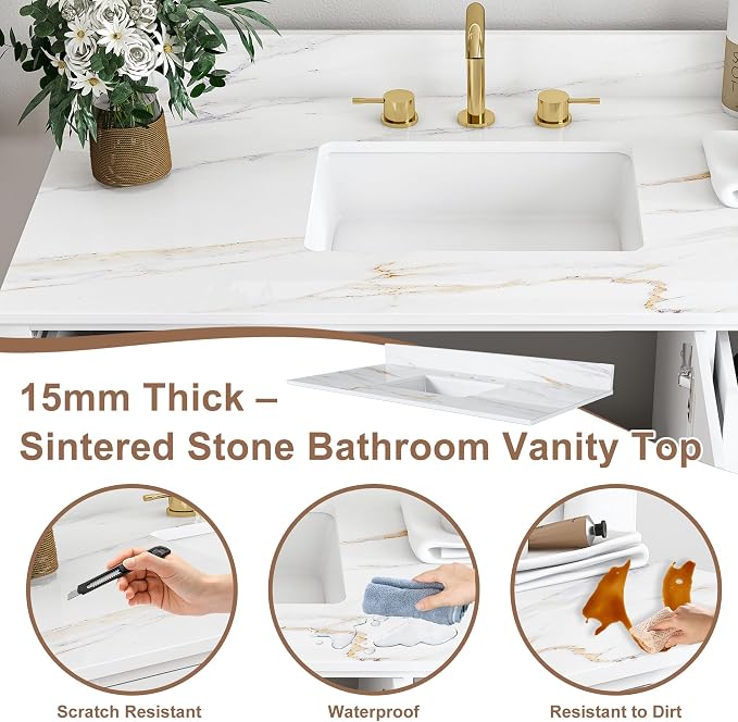 Montary 42" Bathroom Vanity with Sink & 43" Carrara Sintered Stone Top | with 3 Pre-Drilled Faucet Holes, Solid Wood Cabinet, Soft-Close Double Doors & 9 Smooth-Glide Drawers,White