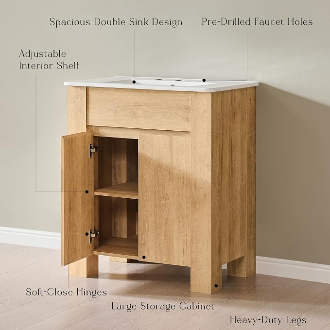 T4TREAM 30 Inch Bathroom Vanity with Sink, Modern Single Sink Bathroom Vanity, Small Bathroom Cabinet with Handle-Free Design, Natural Oak