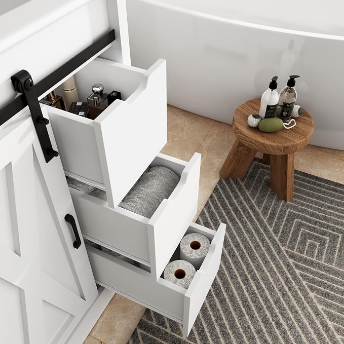 chartustriable 24 Inch Bathroom Vanity with Sink & Faucet & Mirror, Farmhouse Bathroom Vanity Cabinet Set with Sliding Barn Door & Drawers, Small Single Bath Storage Vanity Sink, White