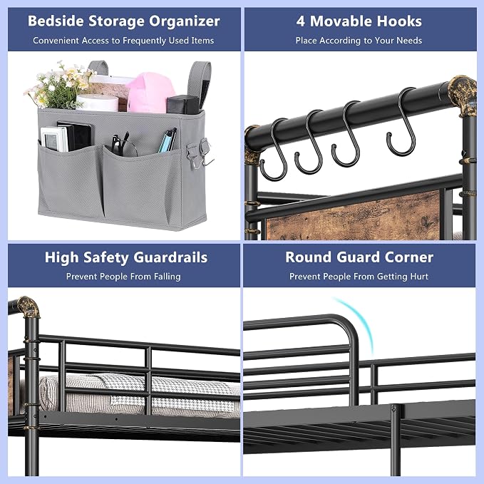 Jocoevol Metal LED Bunk Bed Twin Over Twin with 2 Storage Drawers, USB Charging Station, Industrial Bunkbeds Heavy Duty Bed with Safety Guardrail and Ladder, No Box Spring Needed, Vintage Brown