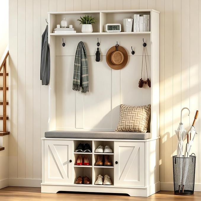 71“ Hall Tree with Bench and Shoe Storage, Coat Rack and 2 Doors