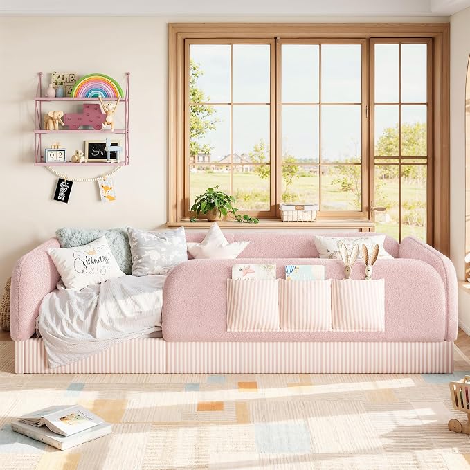 Bellemave Twin Upholstered Montessori Floor Bed with Storage Pocket,Pink