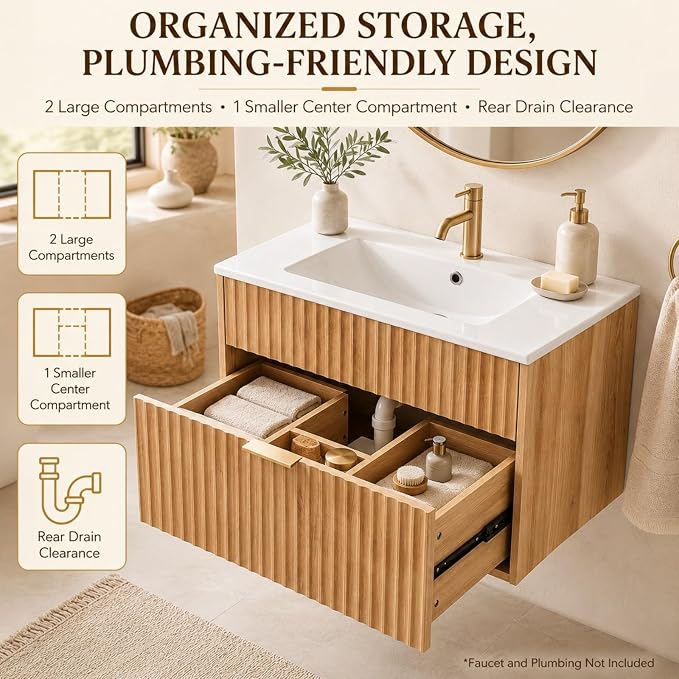 VINGLI 24 Inch Floating Bathroom Vanity with Sink, Wall-Mounted Natural Oak Cabinet with Fluted Drawer, Full-Extension Storage and Gold-Tone Handle