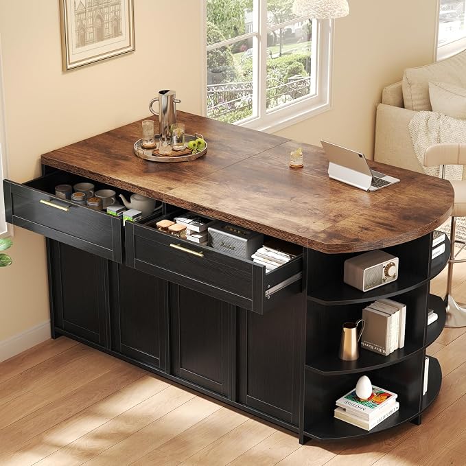 HSH 63 Inch Large Kitchen Island with Storage and Seating, Rustic Brown