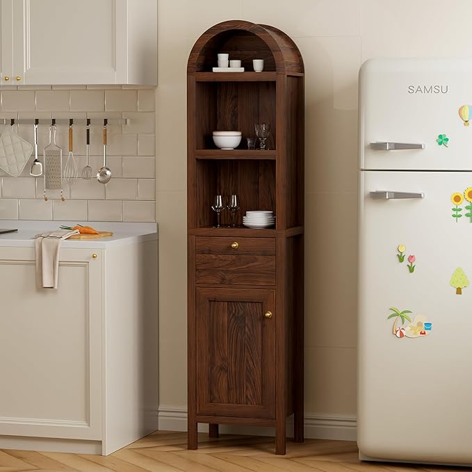 EYYTHUNG 67" Tall Arched Bathroom Narrow Storage Cabinets Set of 2 with Adjustable Shelf, Farmhouse Freestanding Tower Cabinet with Door and Drawer for Kitchen, Living Room, Brown