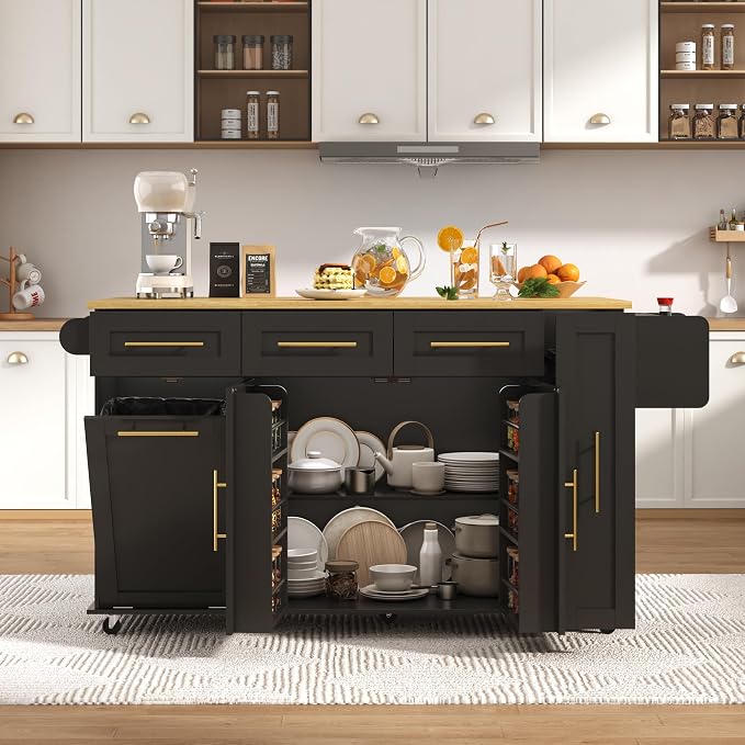 St.Mandyu 69" Large Kitchen Island on Wheels, Kitchen Rolling Island Cart with Trash Storage Cabinet, Power Outlet, 3-Tier Pull-Out Storage Trays, Drop Leaf, Mobile Island Table for Kitchen, Black
