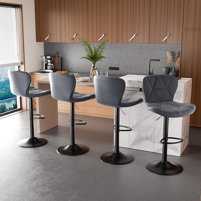 Nalupatio Modern Bar Stools Set of 3, Adjustable Faux Leather Upholstered Swivel Bar Stools, Counter Height Bar Chairs with Back for Kitchen Island, Dark Grey