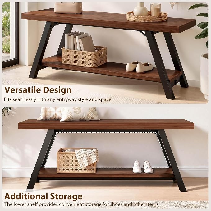 LVB Industrial Entryway Bench with Storage, Wood and Metal Bedroom Bench