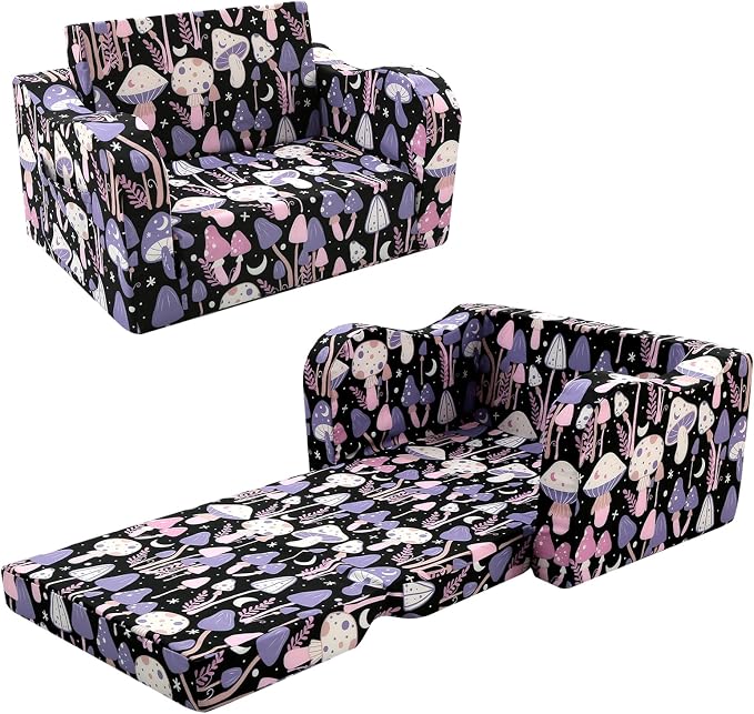 MeMoreCool Kids Couch, Fold Out Sofa Chair with Side Pocket, Mushroom Print