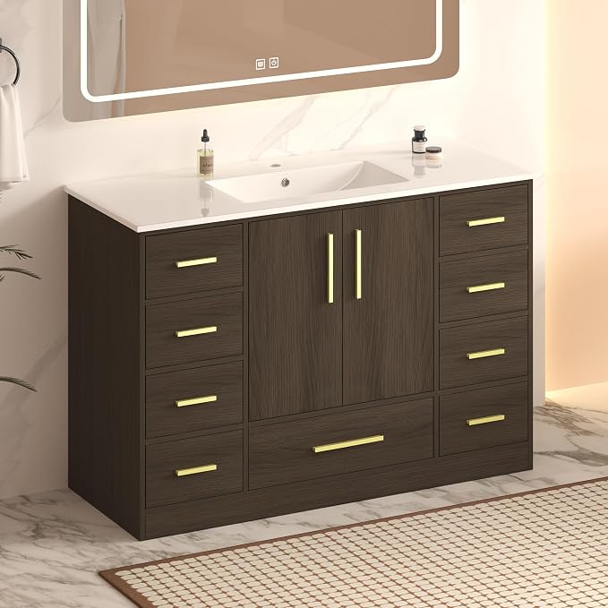 LUMISOL 48 Inch Bathroom Vanity with Sink, Freestanding Bathroom Vanity with 9 Storage Drawers and 2 Soft-Closing Doors, Wood 48" Bathroom Vanities with Resin Sink, Dark Brown