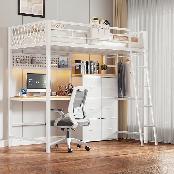 Decofy White Twin Loft Bed with Desk and 6 Storage Drawers, Metal Twin Size Loft Beds with Charging Station, RGB LED Lights, and Pegboard & Hanging Rod for Kids, Teenager (White)