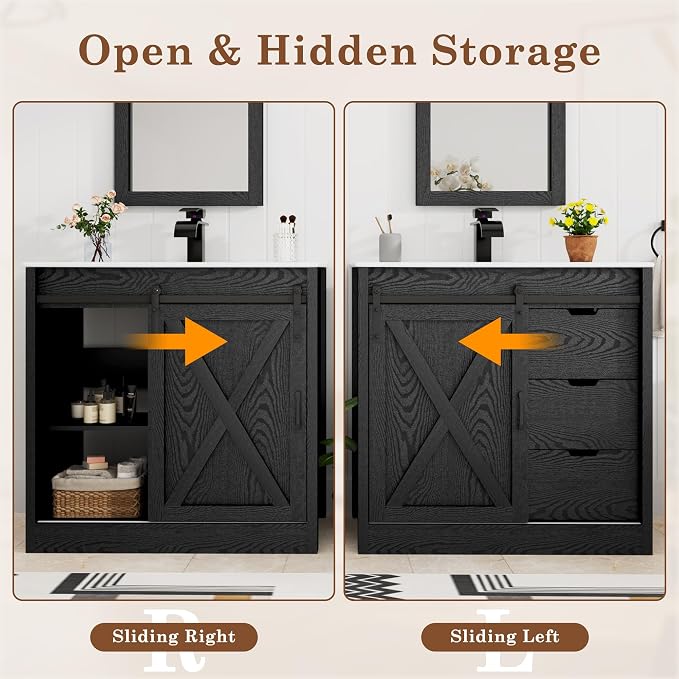 chartustriable 36 Inch Bathroom Vanity with Sink & Faucet & Mirror, Farmhouse Bathroom Vanity Cabinet Set with Sliding Barn Door & Drawers, Small Single Bath Storage Vanity Sink, Black