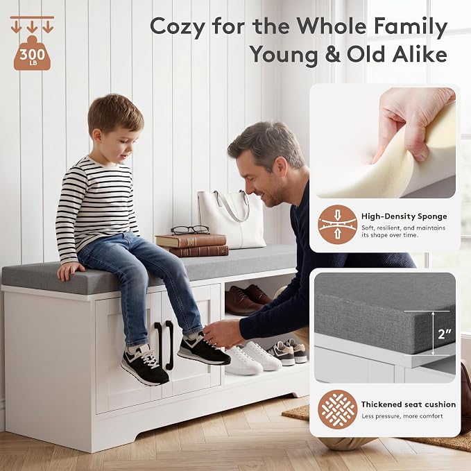 Farmhouse Shoe Storage Bench with 3-in-1 Entryway Storage & Padded Seat