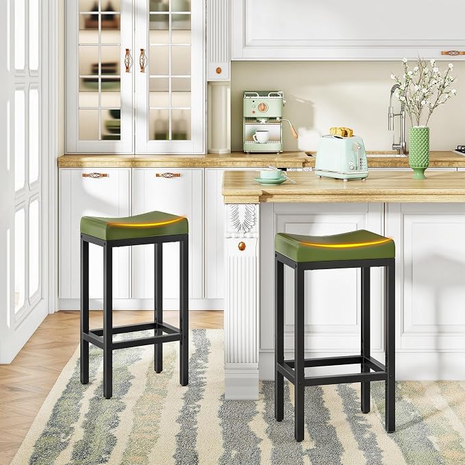 HOOBRO Bar Stools, Set of 2 Bar Chairs, Counter Height Stools, Saddle Barstools with Curved Surface, 24.8 Inches, 2.4" Thick Upholstery, for Kitchen, Dining Room, Cafe Forest Green and Black JB10BY01
