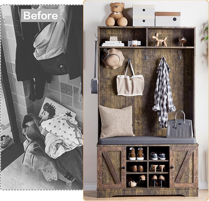 Entryway Hall Tree with Coat Rack and Shoe Bench with Storage