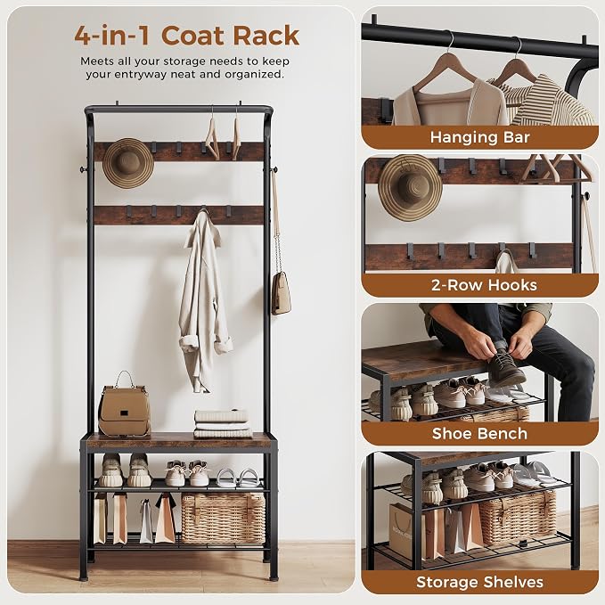 DUMOS 5-in-1 Hall Tree with Coat Rack and Shoe Bench, Industrial Entryway Storage Organizer with Top Hanging Rod, 10 Movable Hooks & Side Hooks, Mudroom Bench with 2-Tier Shoe Rack, Dark Brown