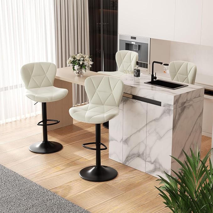Nalupatio Modern Bar Stools Set of 4, Adjustable Faux Leather Upholstered Swivel Bar Stools, Counter Bar Chairs with Back for Kitchen Island, Cream White