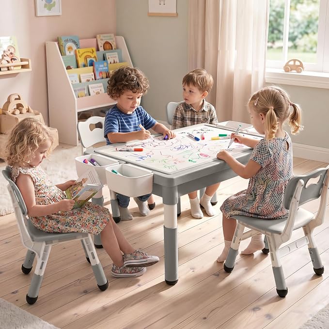 Kinder King Kids Table & 4 Chairs Set, Adjustable Heights, Storage, Grey