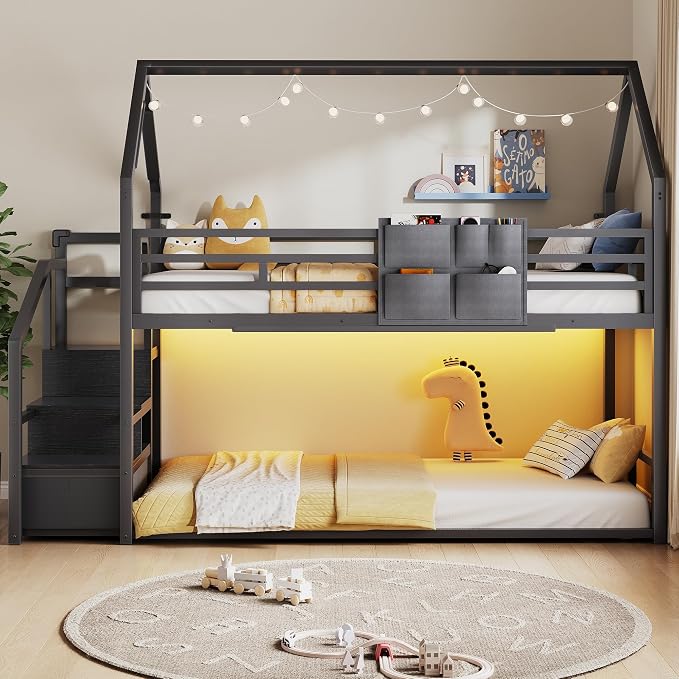 Jocoevol Metal Bunk Bed Twin Over Twin with Storage Staircase, Clothes Rack, LED Twin Bunk Beds for Kids with 2 Storage Drawers, Full-Length Guardrail, No Box Spring Needed, Easy Assembly, Black