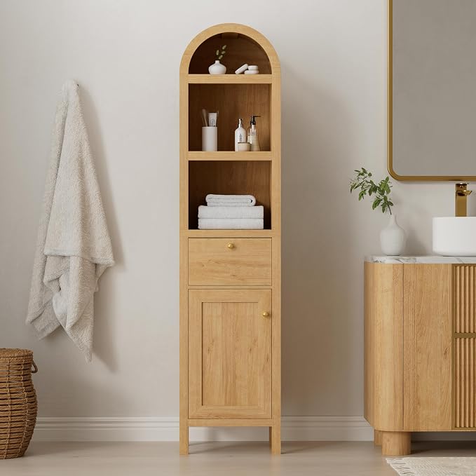 EYYTHUNG 67" Tall Arched Bathroom Narrow Storage Cabinets Set of 2 with Adjustable Shelf, Farmhouse Freestanding Tower Cabinet with Door and Drawer for Kitchen, Living Room, Natural Oak