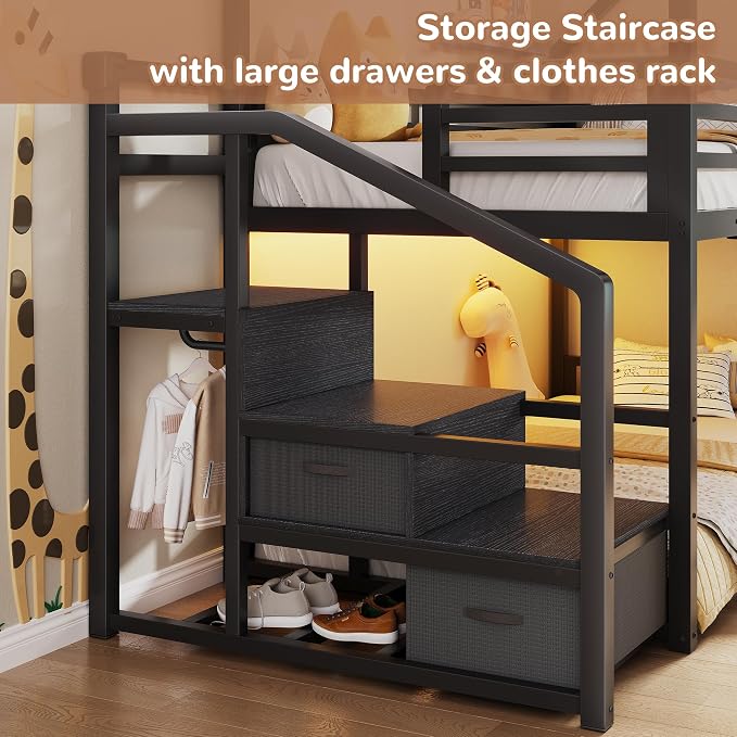 Jocoevol Metal Bunk Bed Twin Over Twin with Storage Staircase, Clothes Rack, LED Twin Bunk Beds for Kids with 2 Storage Drawers, Full-Length Guardrail, No Box Spring Needed, Easy Assembly, Black