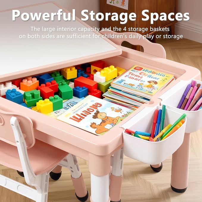 Kinder King Kids Table & 2 Chairs Set, Adjustable Heights, Storage, Pink