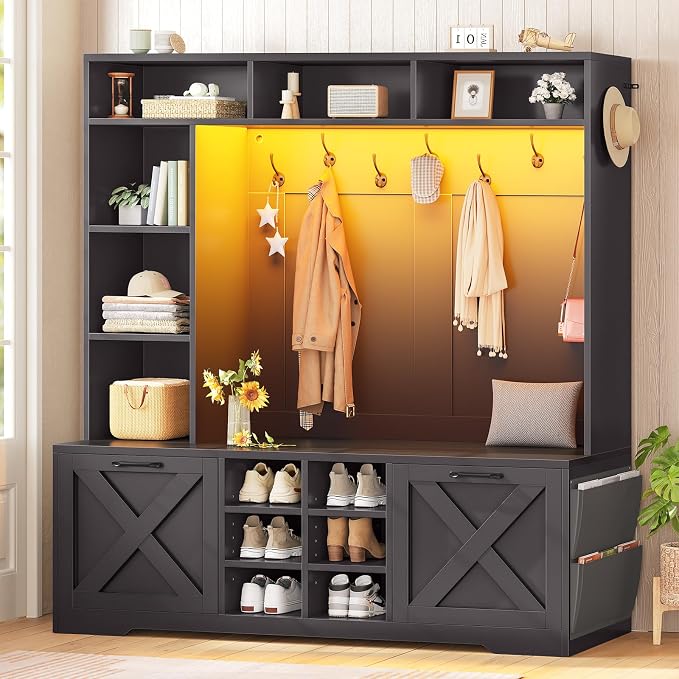 Itaar Hall Tree with Bench and Shoe Storage, 59.1" Farmhouse Entryway Bench with Coat Rack, Shoe Cabinet with Flip Drawers, 12 Shelves, 9 Coat Hooks, Storage Bag, Led Lights, Black