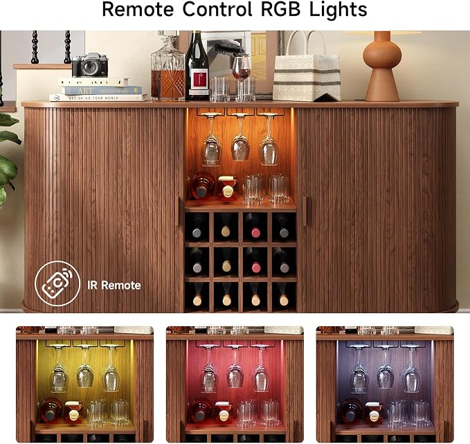 ONBRILL 63" Fluted Wine Bar Cabinet with LED Light Walnut