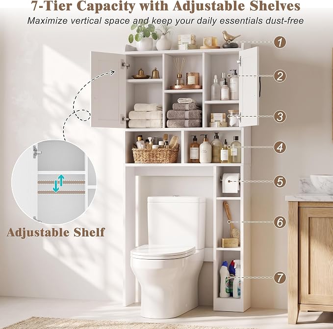 Farmhouse Over The Toilet Storage Cabinet with Barn Door, Reversible Side | 7-Tier Bathroom Organizer, Adjustable Shelves Bottom Bar, Detachable Paper Holder, Anti-Tipping, Laundry Room, White