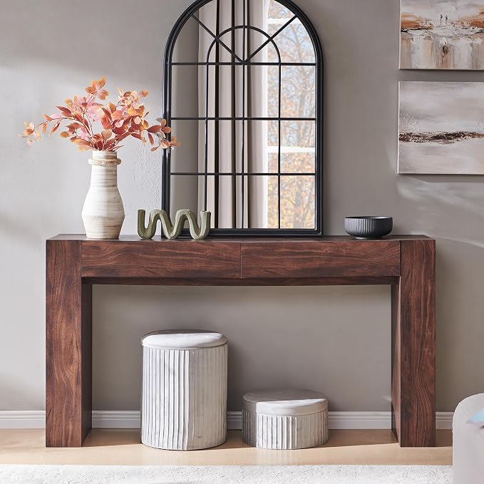 OKD 63" Console Table with Drawers, Thick Block Entryway Table, Walnut