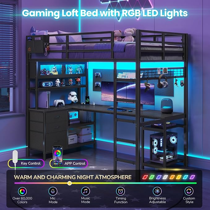 DICTAC Twin Loft Bed with L-Shaped Gaming Desk,Led Lights and Charging Station,Gaming Loft Bed Twin Size with Bookshelf and Glass Cabinet,Metal Loft Beds for Teen with Safety Guardrail and Stair,Black