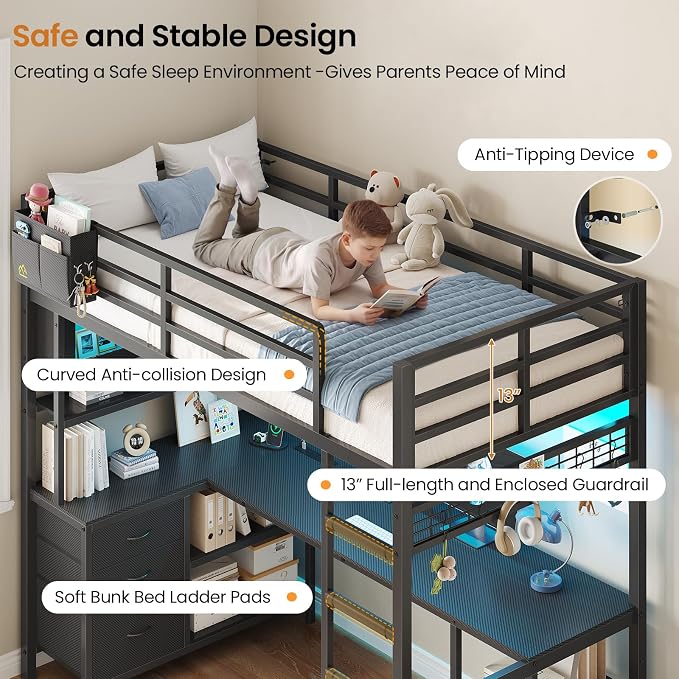 DICTAC Twin Loft Bed with L-Shaped Gaming Desk,Led Lights and Charging Station,Gaming Loft Bed Twin Size with Bookshelf and Glass Cabinet,Metal Loft Beds for Teen with Safety Guardrail and Stair,Black
