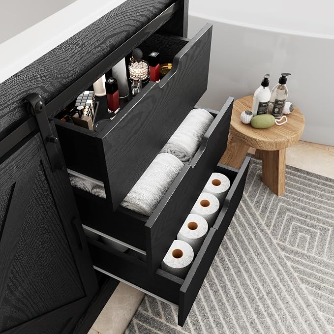 48" Farmhouse Bathroom Vanity with Sink & Faucet & Mirror, Wood Grain Black | Sliding Barn Door, 3 Handleless Drawers, Single Vanity Combo for Small Space