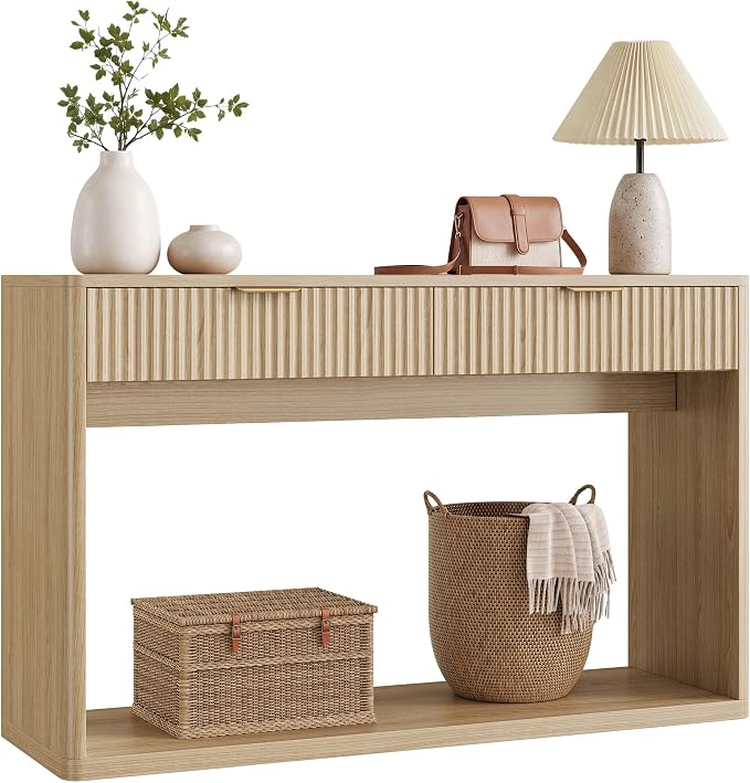 IRONCK 47" Fluted Console Table for Entryway with 2 Large Drawers, Oak