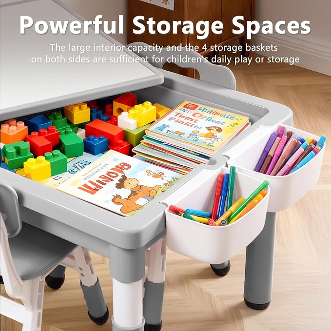 Kinder King Kids Table & 2 Chairs Set, Adjustable Heights, Storage, Grey
