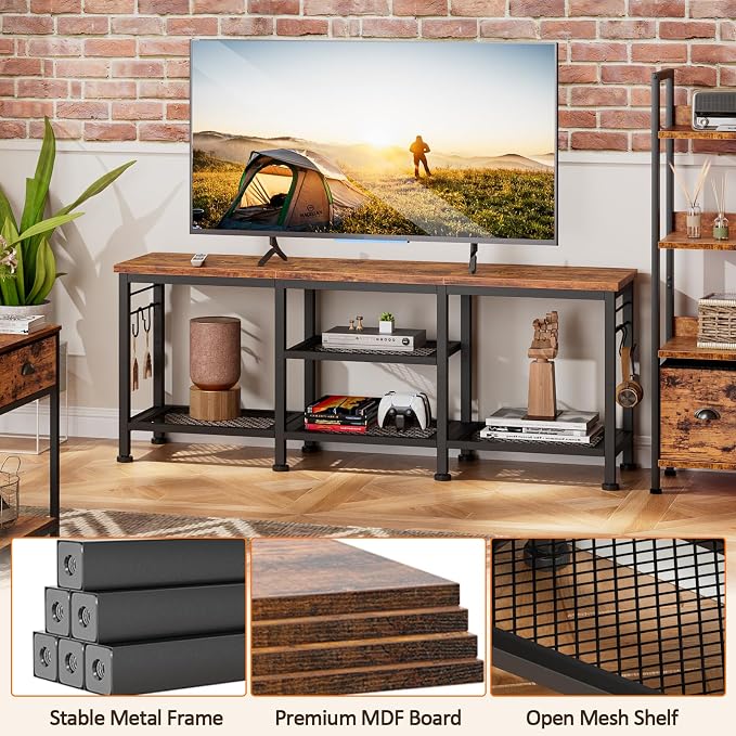 Furologee TV Stand for TVs up to 55 Inch, Entertainment Center with Open Storage Shelves, Media Console Table with Soundbar Shelf for Living Room, Bedroom, Rustic Brown