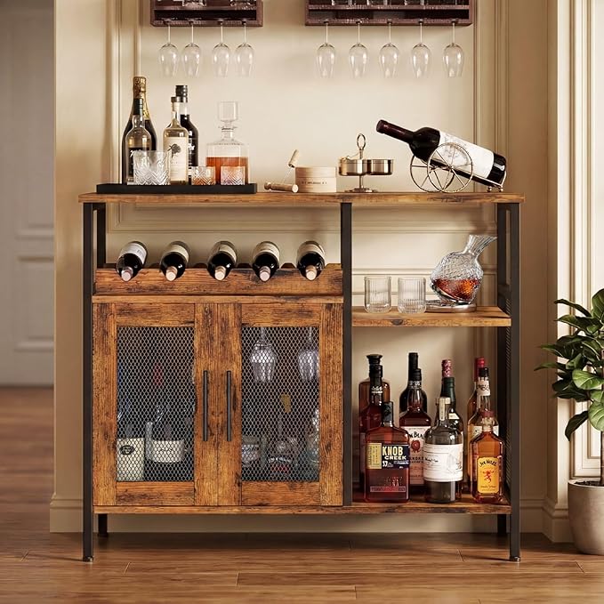 X-cosrack Wine Bar Rack Cabinet with Detachable Wine Rack, Coffee Bar Cabinet with Glass Holder, Small Sideboard and Buffet Cabinet with Mesh Door, Rustic Brown, Large