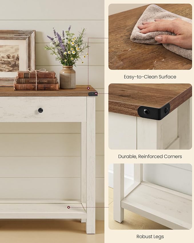 VASAGLE 63 Inche Narrow Console Table with 3 Drawers and Open Storage Shelf