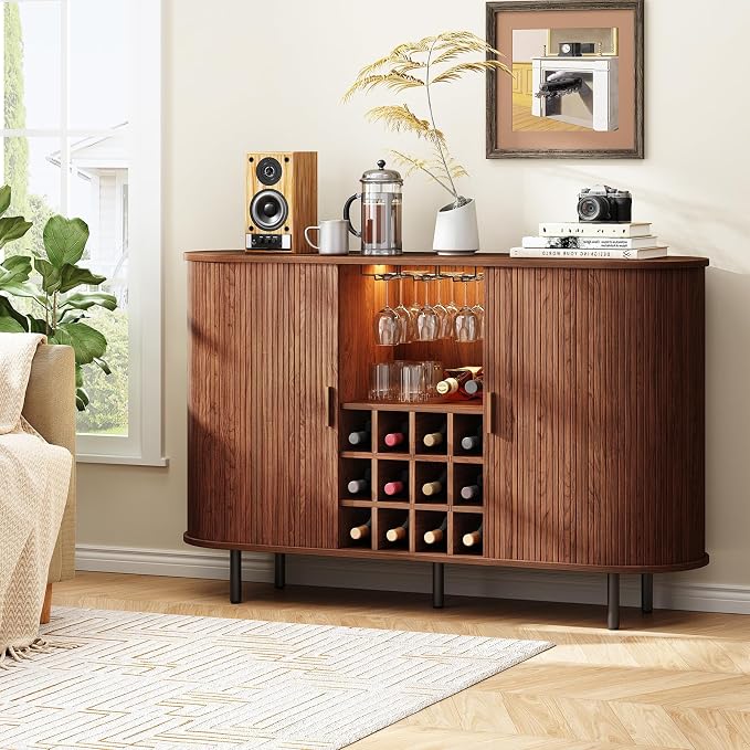 ONBRILL 55" Fluted Wine Bar Cabinet with LED Light Walnut