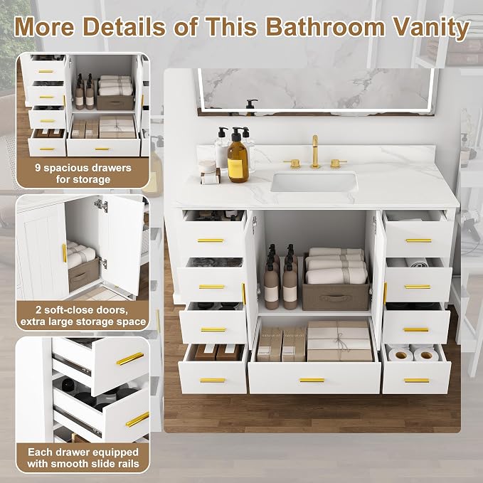 Montary 48" Bathroom Vanity with Sink & 49" Carrara Quartz Top | with 3 Pre-Drilled Faucet Holes, Solid Wood Cabinet, Soft-Close Double Doors & 9 Smooth-Glide Drawers,White