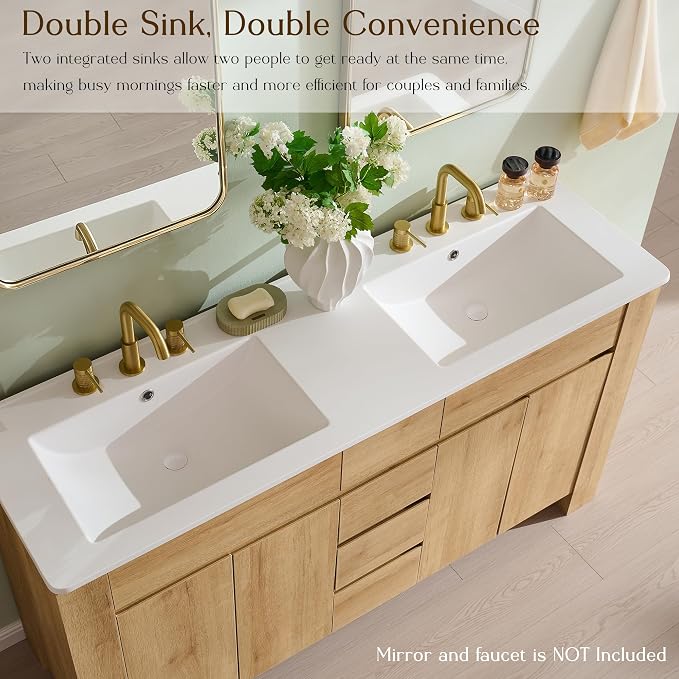T4TREAM 60 Inch Modern Bathroom Vanity with Double Sink, Natural Oak | Integrated Resin Sink, 4 Soft-Close Doors & 3 Drawers, Handle-Free Design, Thick Heavy-Duty Legs, Oak Grain Finish.