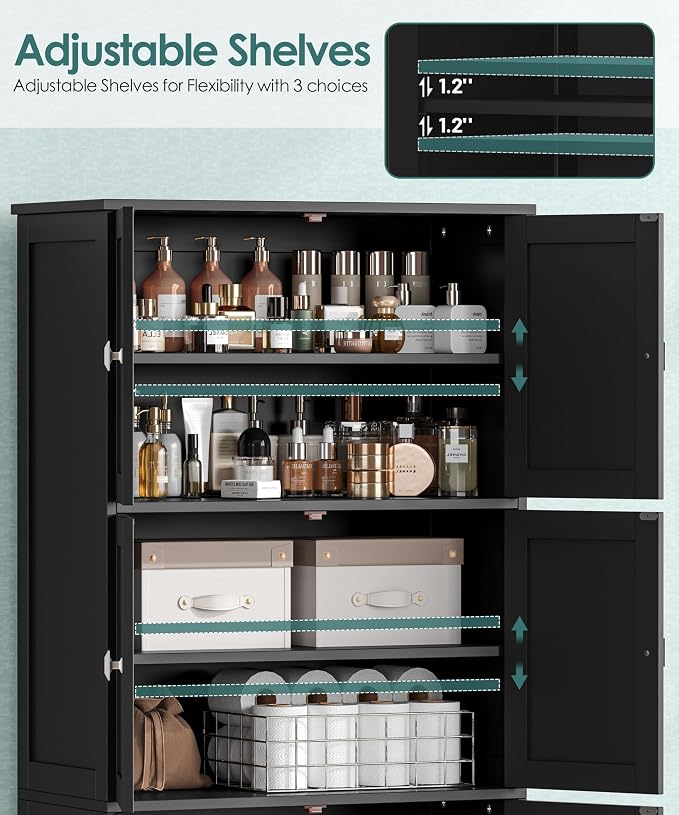 Tall Bathroom Storage Cabinet, 63" H Linen Floor Cabinet | Pantry Storage Cabinet with 6 Doors and Adjustable Shelves, for Bathroom, Living Room, Laundry Room, Kitchen, Black