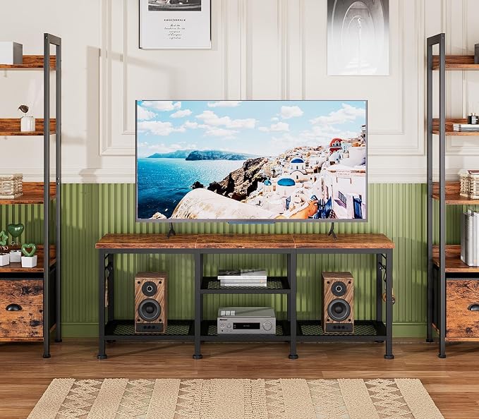 Furologee TV Stand for TVs up to 55 Inch, Entertainment Center with Open Storage Shelves, Media Console Table with Soundbar Shelf for Living Room, Bedroom, Rustic Brown