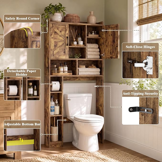 Farmhouse Over The Toilet Storage Cabinet with Barn Door, Reversible Side | 7-Tier Bathroom Organizer, Adjustable Shelves Bottom Bar, Detachable Paper Holder, Anti-Tipping, Laundry Room, Rustic Brown