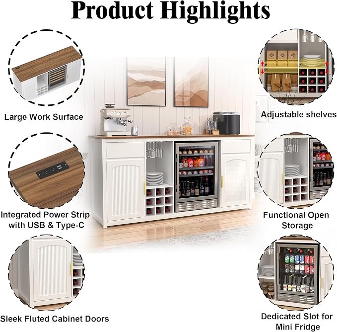 GDLF 78.7" Home Bar Cabinet with Fridge Space, Fluted Wine Liquor Bar,White