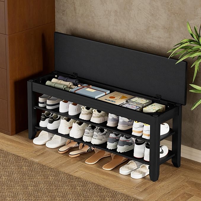 Homleke 39.4" Wide Solid Wood Shoe Rack Bench with Flip-Top Storage